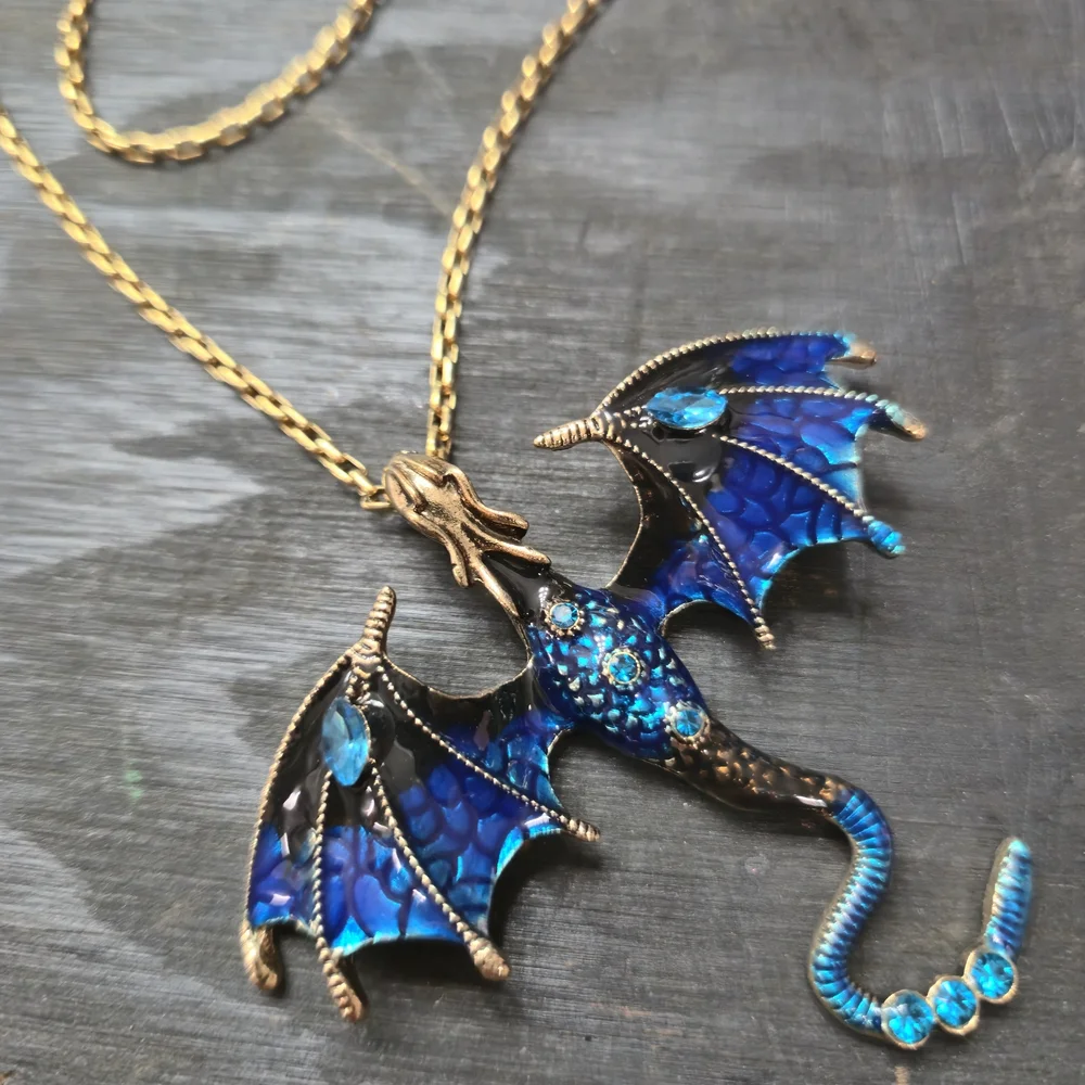 Blue and Gold Dragon Pendant Necklace - Picture 2 of 3